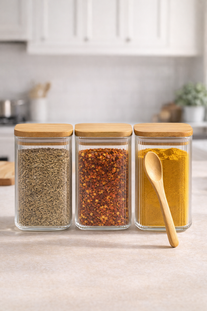 Kitchen Way Bambu Kapaklı Kaşıklı Contalı 3'lü Kavanoz Seti KW-373A