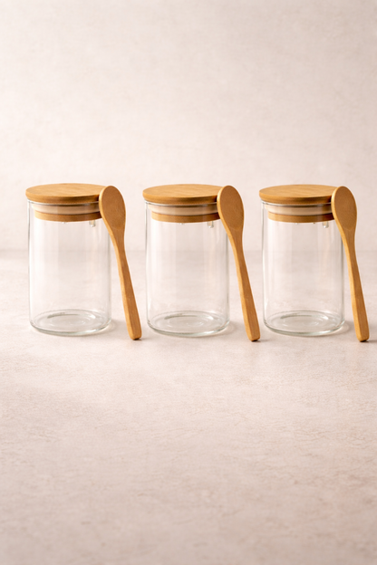 Kitchen Way Bambu Kapaklı Kulplu Kaşıklı 200ML Contalı Yuvarlak 3'lü Kavanoz Seti KW-372A