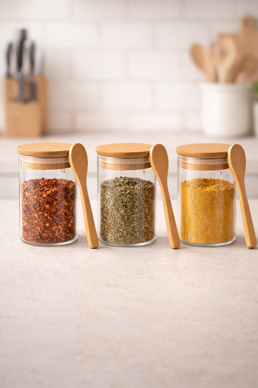 Kitchen Way Bambu Kapaklı Kulplu Kaşıklı 200ML Contalı Yuvarlak 3'lü Kavanoz Seti KW-372A