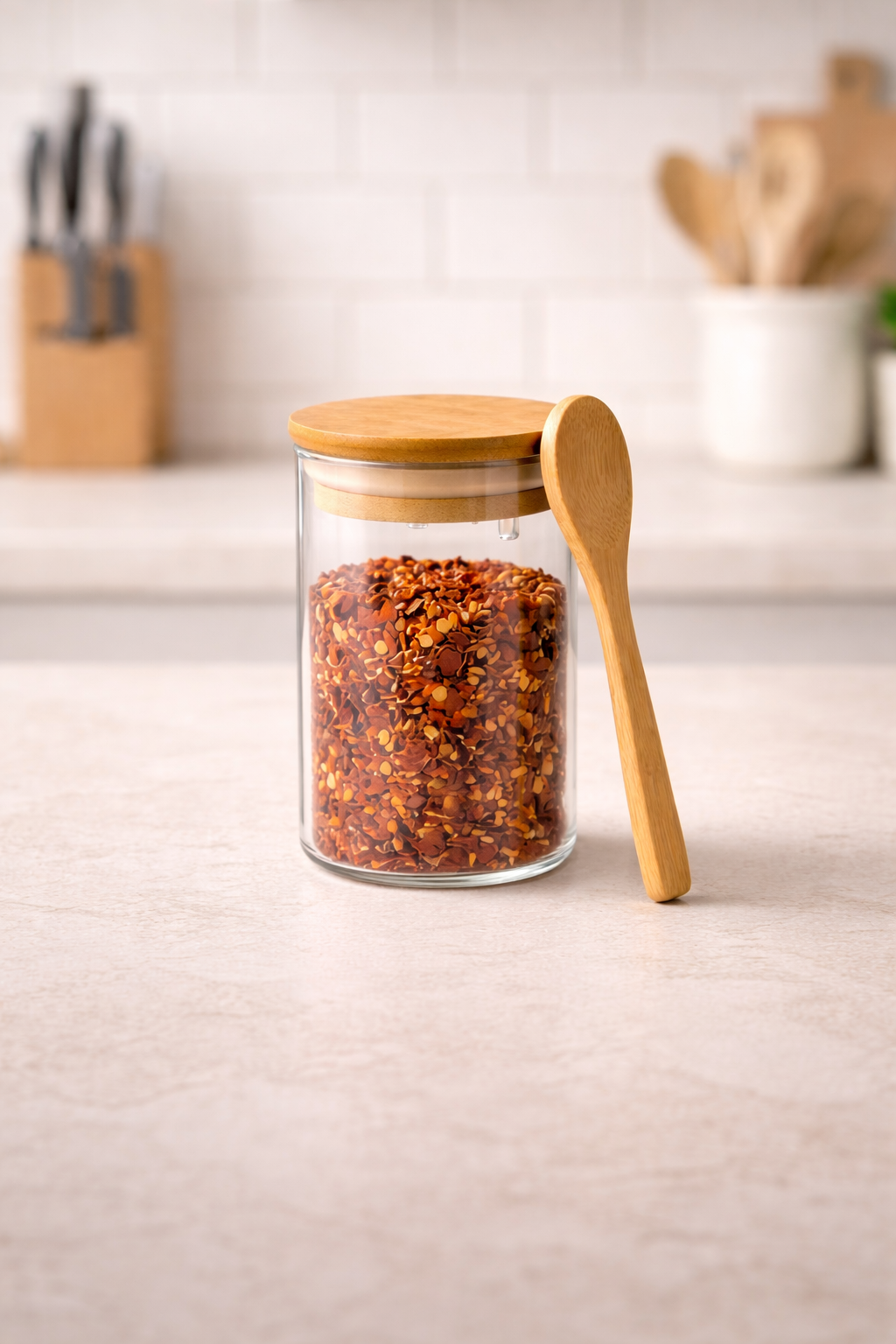 Kitchen Way Bambu Kapaklı Kulplu Kaşıklı 200ML Contalı Yuvarlak 3'lü Kavanoz Seti KW-372A