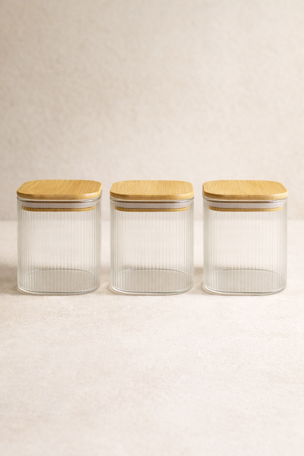 Bambu Contalı Borosilikat 750 ML Kare Çizgili 3'lü Kavanoz Seti KW-114