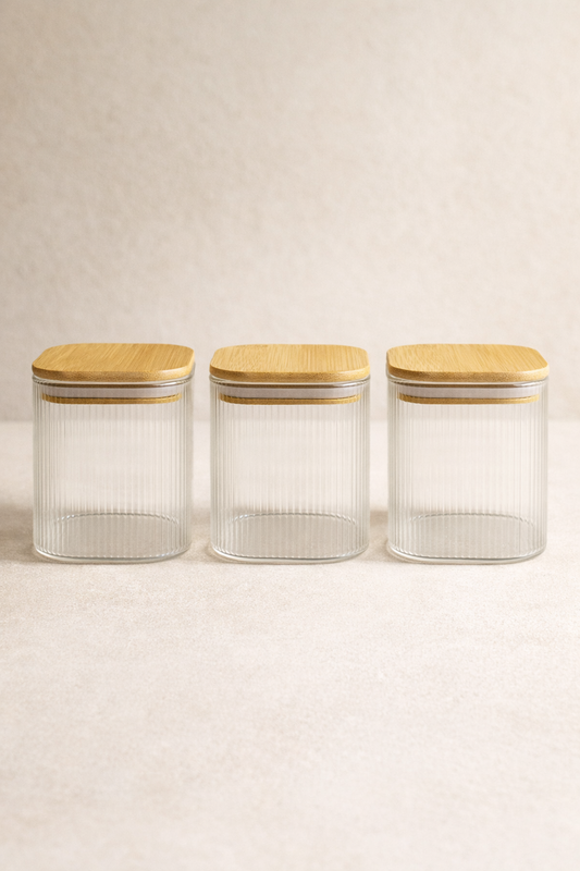 Bambu Contalı Borosilikat 750 ML Kare Çizgili 3'lü Kavanoz Seti KW-114