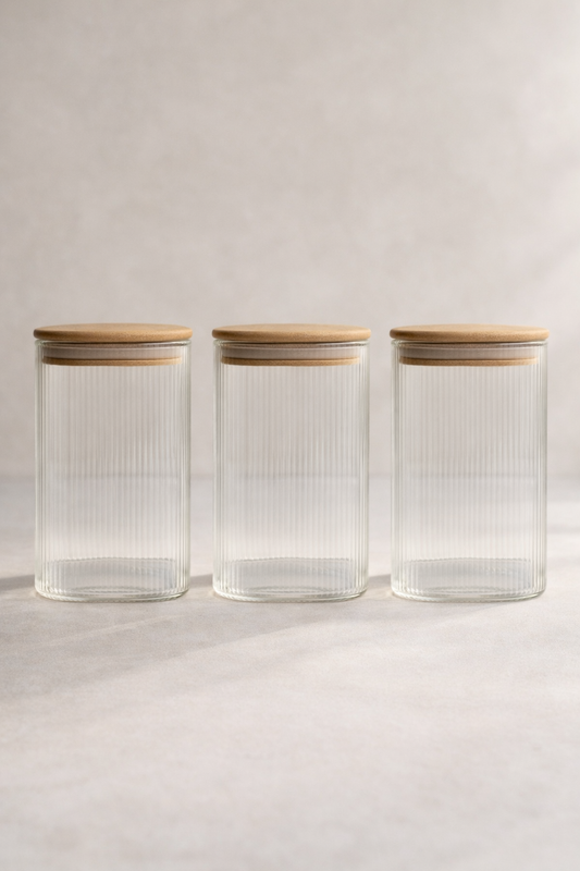 Bambu Contalı Borosilikat 1 Litre Kare Çizgili 3'lü Kavanoz Seti KW-115
