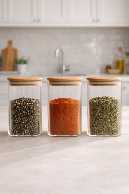 Bambu Contalı Borosilikat 1 Litre Kare Çizgili 3'lü Kavanoz Seti KW-115