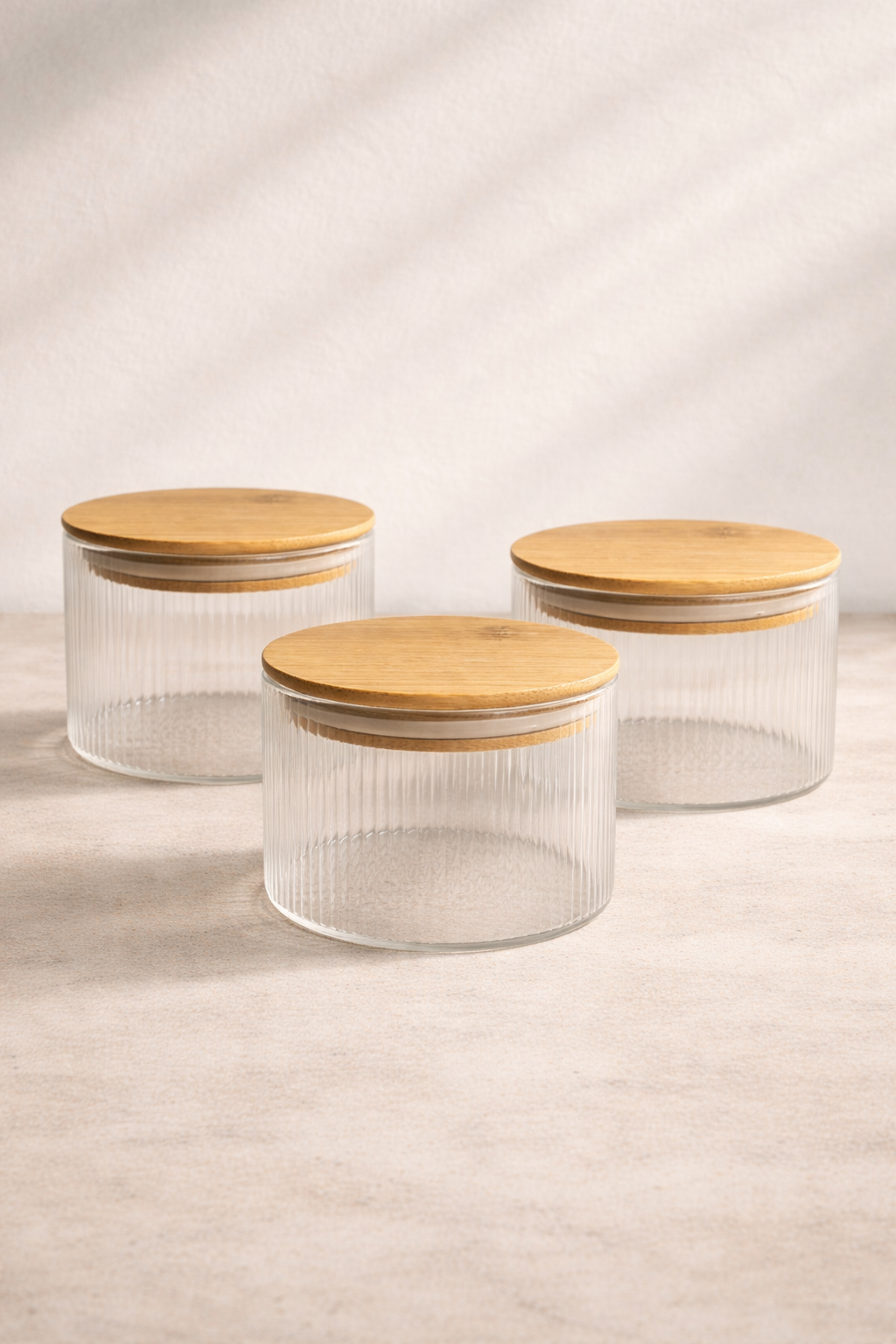 Bambu Contalı Borosilikat 500 ML Yuvarlak Çizgili 3'lü Kavanoz Seti KW-122