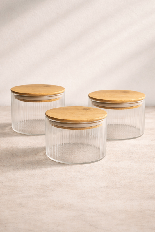 Bambu Contalı Borosilikat 500 ML Yuvarlak Çizgili 3'lü Kavanoz Seti KW-122