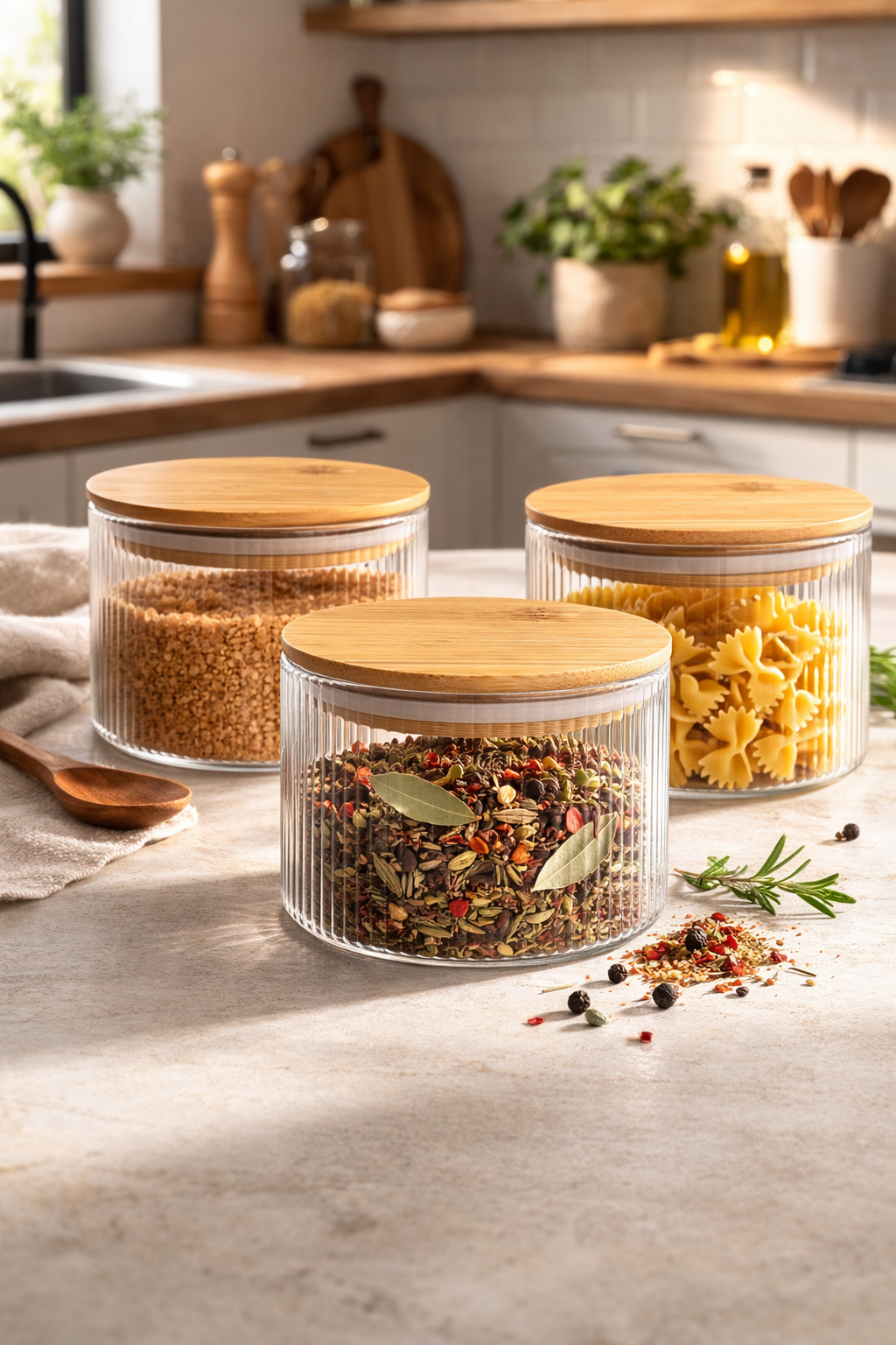 Bambu Contalı Borosilikat 500 ML Yuvarlak Çizgili 3'lü Kavanoz Seti KW-122