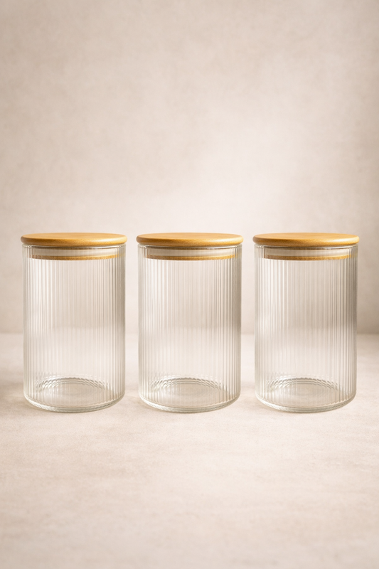 Bambu Contalı Borosilikat 1 Litre Yuvarlak Çizgili 3'lü Kavanoz Seti KW-123