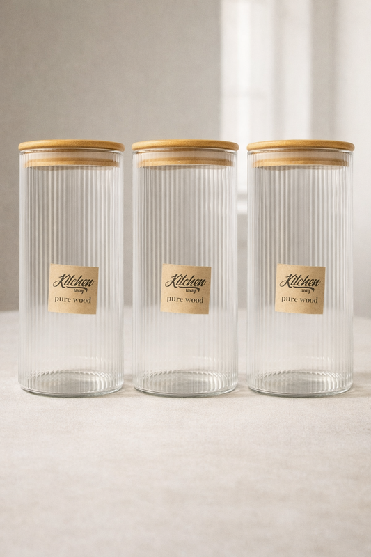 Bambu Contalı Borosilikat 1,5 Litre Yuvarlak Çizgili 3'lü Kavanoz Seti KW-124