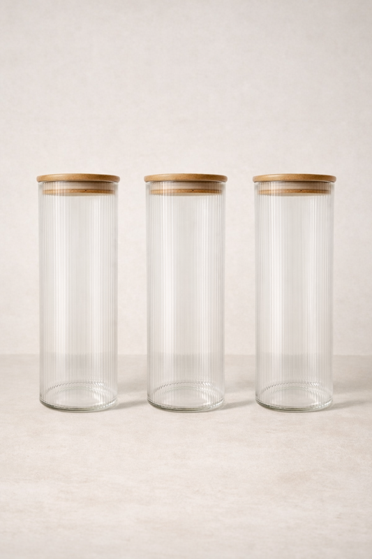 Bambu Contalı Cam 2 Litre Yuvarlak Çizgili 3'lü Kavanoz Seti KW-125