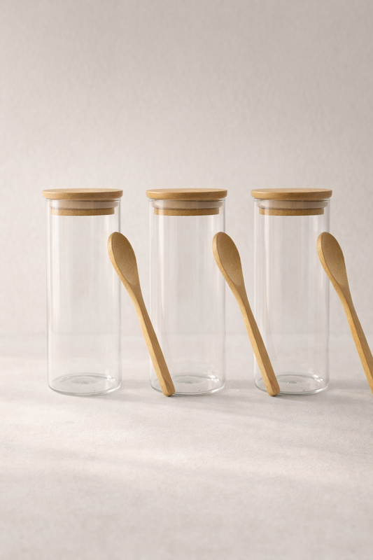 Kitchen Way Bambu Kapaklı Kulplu Kaşıklı 400ML Contalı 3'lü Kavanoz Seti KW-372C