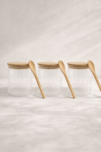 Kitchen Way Bambu Kapaklı Kulplu Kaşıklı 700ML Contalı 3'lü Kavanoz Seti KW-372D