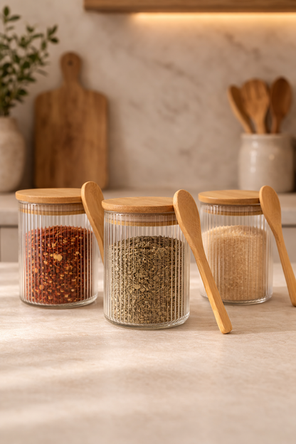 Kitchen Way Bambu Kapaklı Kulplu Kaşıklı 700ML Contalı 3'lü Kavanoz Seti KW-372D