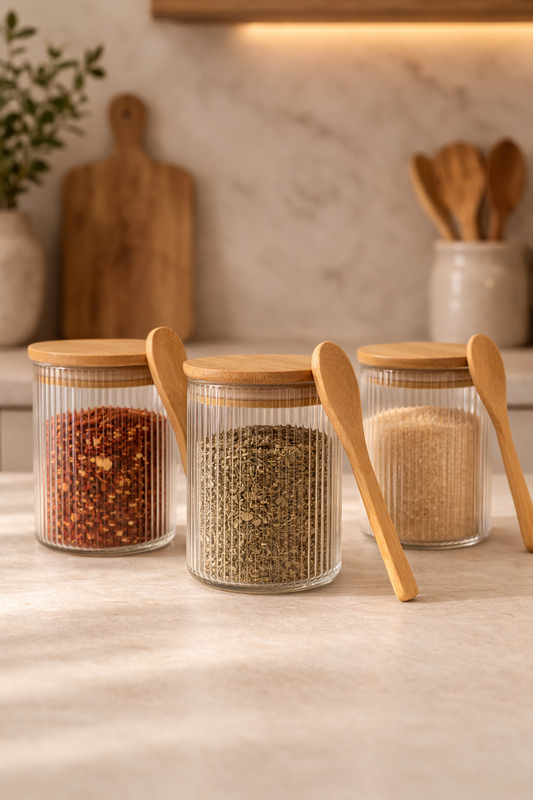 Kitchen Way Bambu Kapaklı Kulplu Kaşıklı 700ML Contalı 3'lü Kavanoz Seti KW-372D