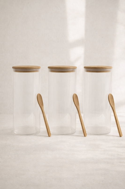 Bambu Kaşıklı Borosilikat 1500ML Çizgi Desenli Yuvarlak 3'lü Cam Kavanoz Seti KW-372F