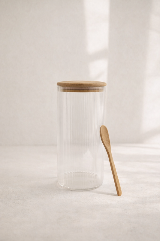 Bambu Kaşıklı Borosilikat 1500ML Çizgi Desenli Yuvarlak Cam Kavanoz KW-372F