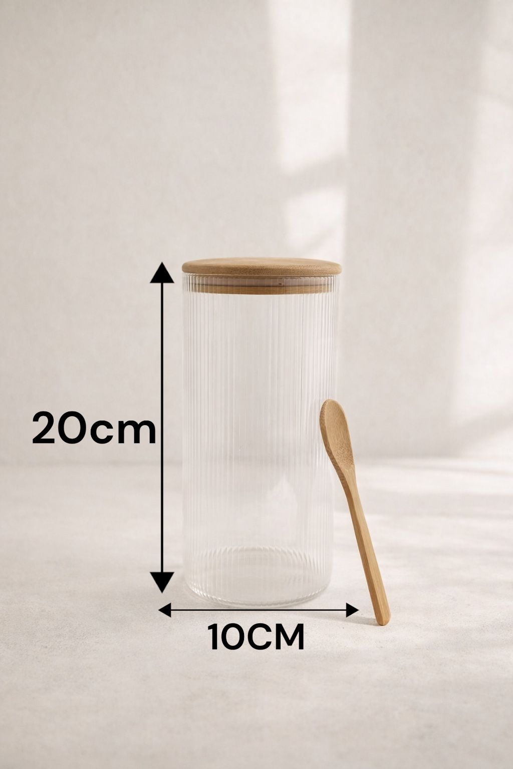 Bambu Kaşıklı Borosilikat 1500ML Çizgi Desenli Yuvarlak Cam Kavanoz KW-372F