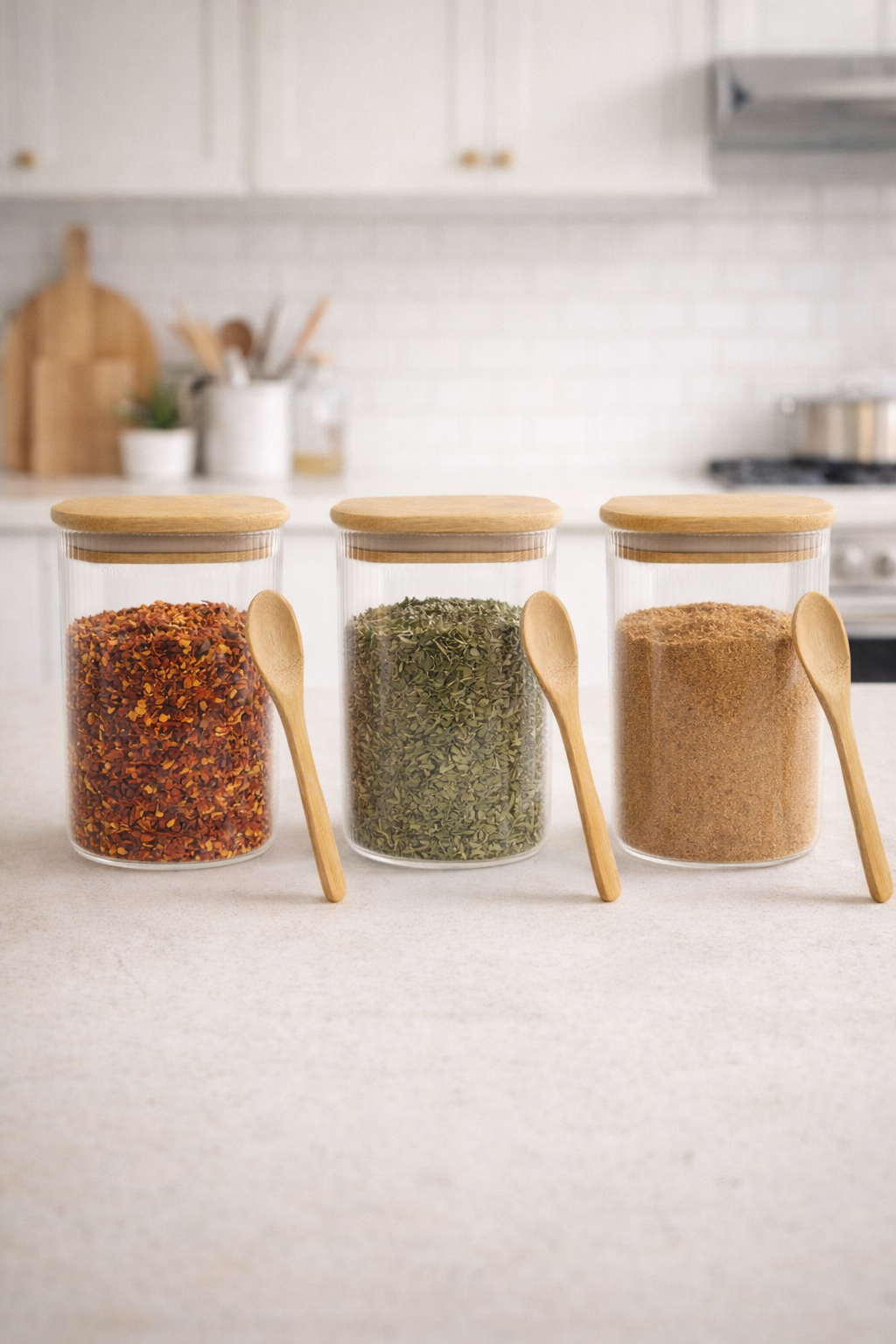 Kitchen Way Bambu Kapaklı Kaşıklı Contalı 3'lü Kavanoz Seti KW-373B