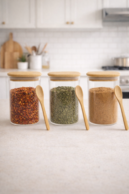 Kitchen Way Bambu Kapaklı Kaşıklı Contalı 3'lü Kavanoz Seti KW-373B