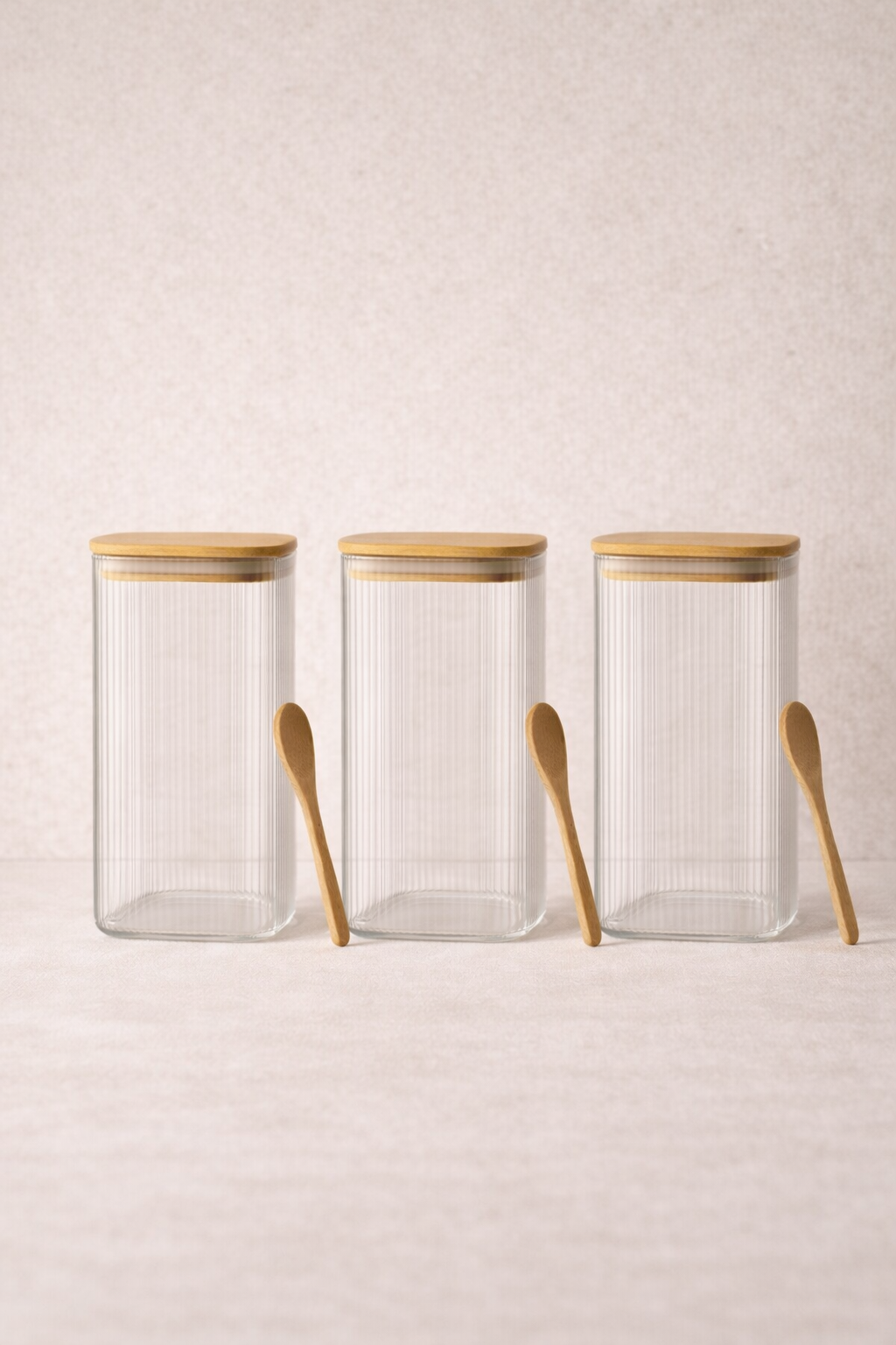 Kitchen Way Bambu Kapaklı Kulplu Kaşıklı Contalı 3'lü Kavanoz Seti KW-373C