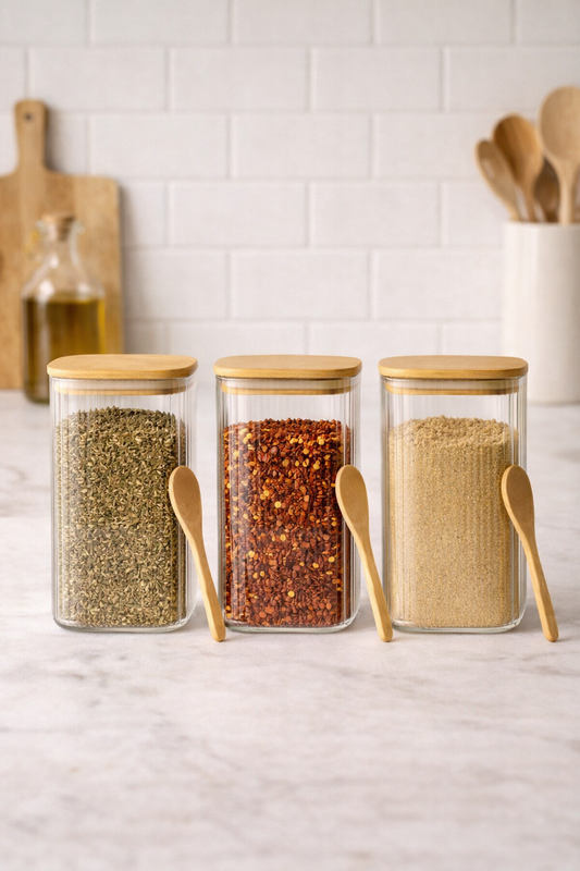 Kitchen Way Bambu Kapaklı Kulplu Kaşıklı Contalı 3'lü Kavanoz Seti KW-373C