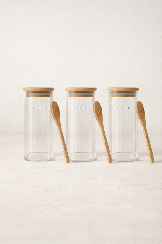 Bambu Kaşıklı Kulplu Borosilikat 400ML Çizgi Desenli Kare 3'lü Kavanoz Seti KW-373F
