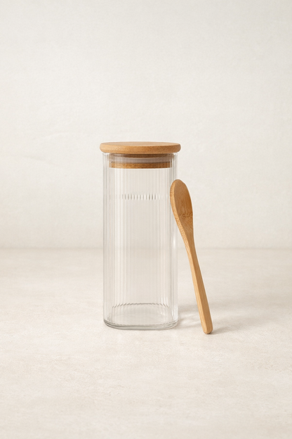 Bambu Kaşıklı Kulplu Borosilikat 400ML Çizgi Desenli Kare Kavanoz KW-373F