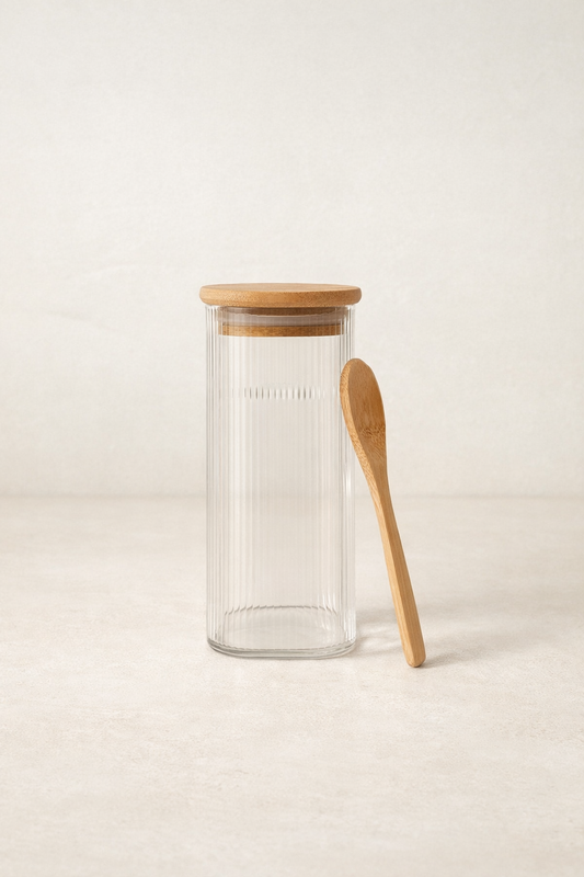 Bambu Kaşıklı Kulplu Borosilikat 400ML Çizgi Desenli Kare Kavanoz KW-373F