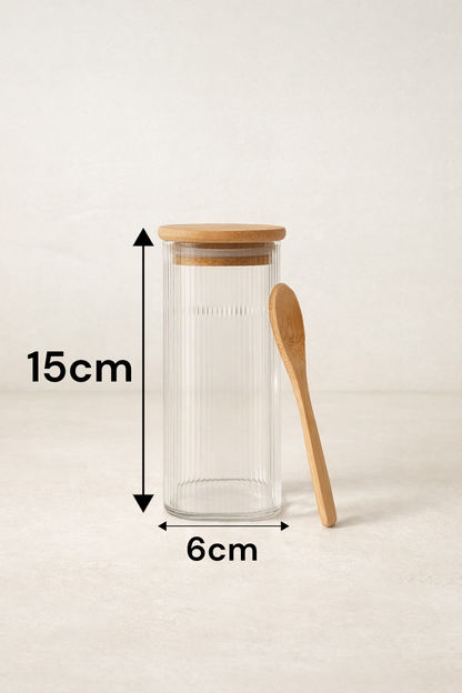 Bambu Kaşıklı Kulplu Borosilikat 400ML Çizgi Desenli Kare Kavanoz KW-373F