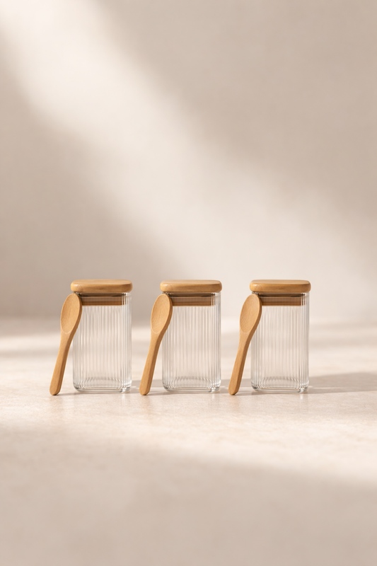 Bambu Kapaklı Kaşıklı Kulplu Contalı 3'lü Kavanoz Seti 300ML KW-373E