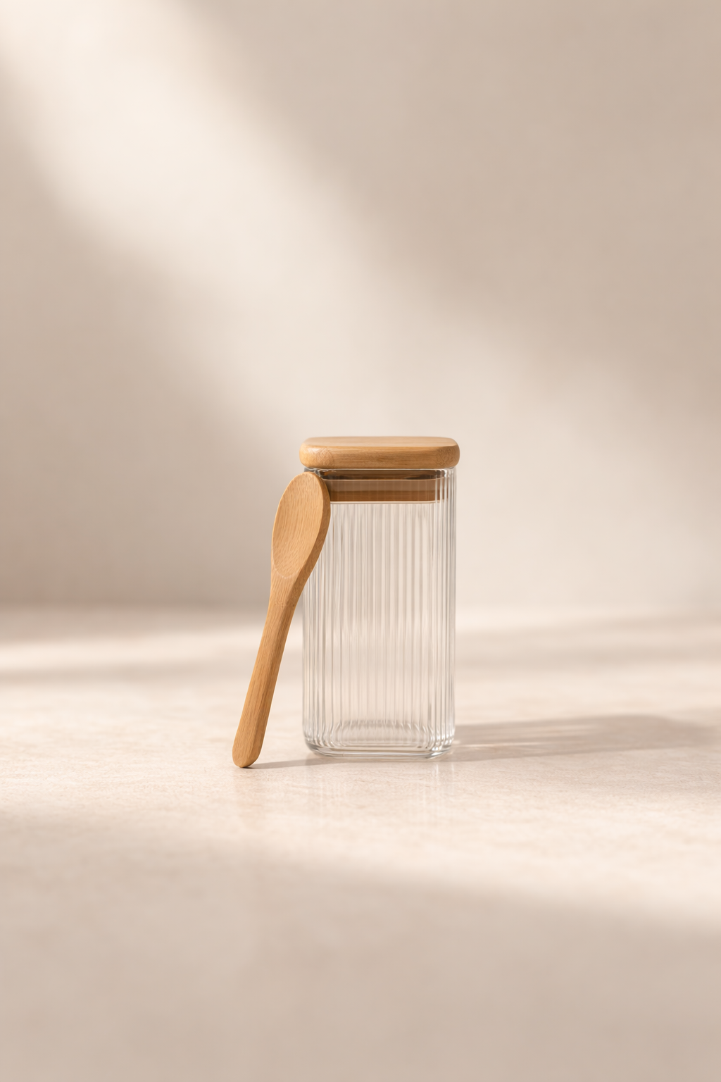 Bambu Kapaklı Kaşıklı Contalı Kulplu Kavanoz Çizgili Tasarım 300ML KW-373E