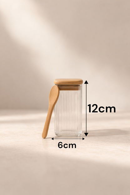 Bambu Kapaklı Kaşıklı Contalı Kulplu Kavanoz Çizgili Tasarım 300ML KW-373E