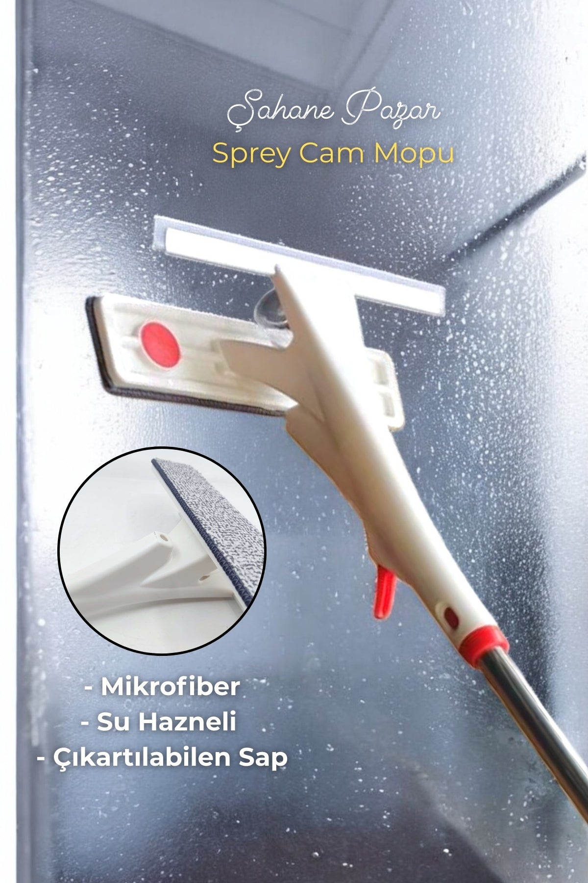 Sprey Su Hazneli Mikrofiber Cam Silme Mopu Çekçek Saplı Cam Silme Aparatı SHN-1151