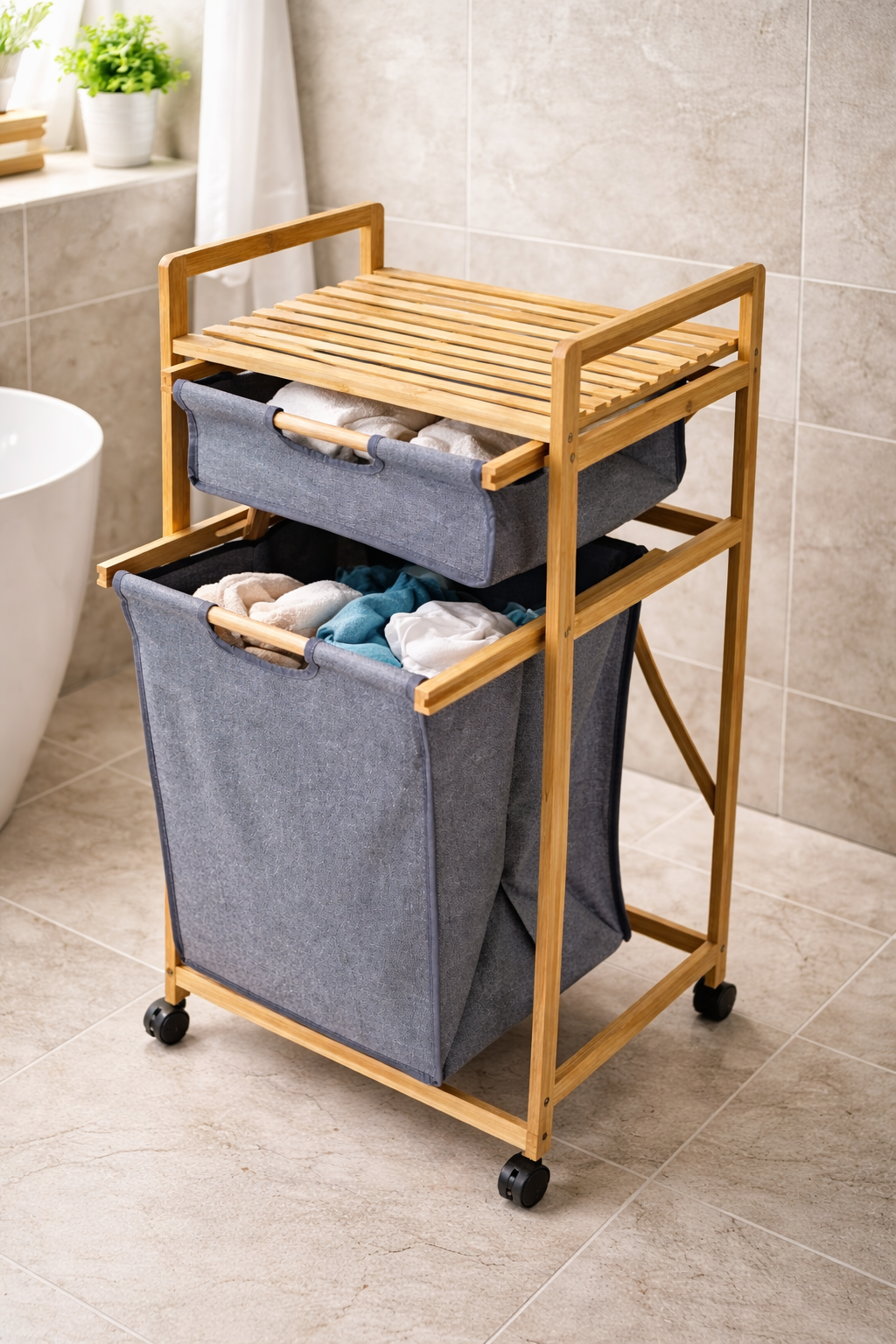 Bambu Çamaşır Sepeti Ayaklı Doğal Bambu Dayanıklı Şık Tasarım SHN-2093