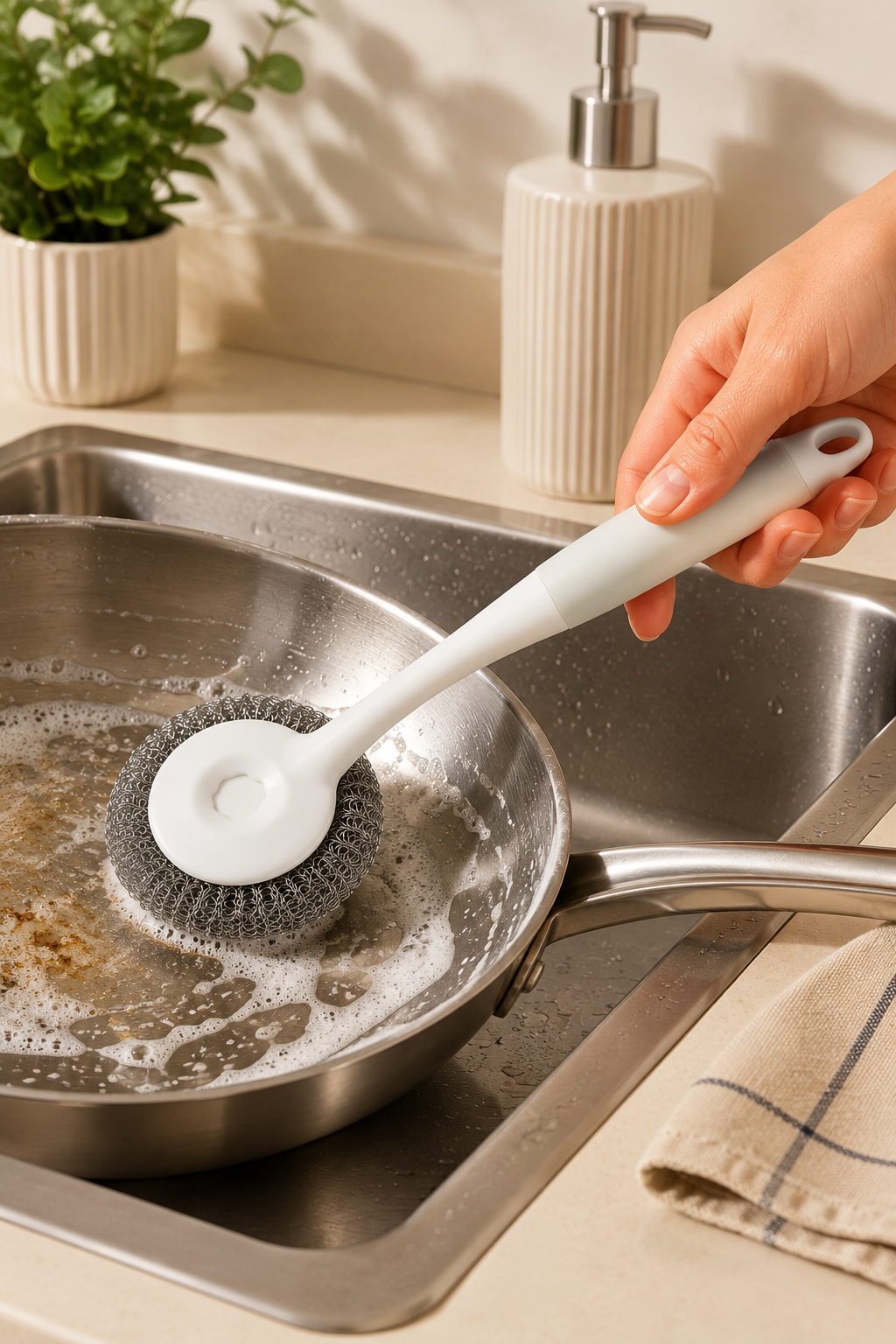 Tel Temizlik Fırçası Değiştirilebilir Başlıklı Saplı Bulaşık Tencere Tava Lavabo Ovma Fırçası SHN-3080