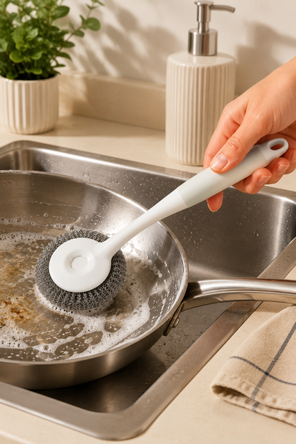 Tel Temizlik Fırçası Değiştirilebilir Başlıklı Saplı Bulaşık Tencere Tava Lavabo Ovma Fırçası SHN-3080