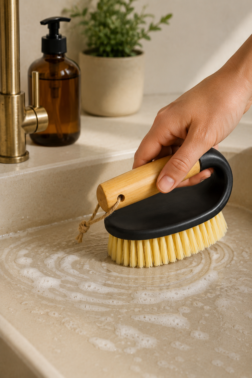 Bambu Saplı Temizlik Fırçası Ergonomik Saplı Sert Kıllı Kolay Kullanımlı Mutfak Banyo Lavabo Temizlik Fırçası SHN-3056