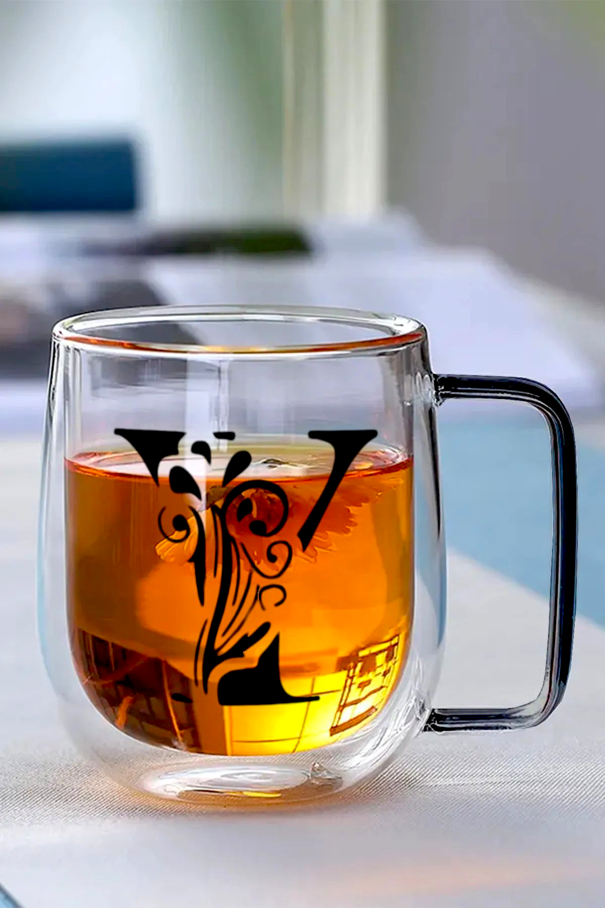 Çift Cidarlı Borosilikat 350ML Harfli Cam Bardak Kupa KW-884